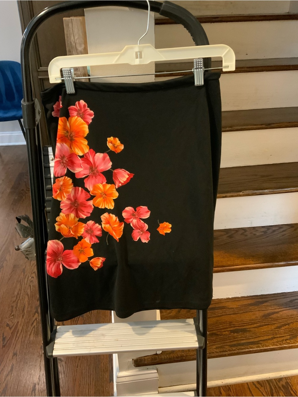 LOFT Black Midi Skirt with Pink & Orange Floral Accent